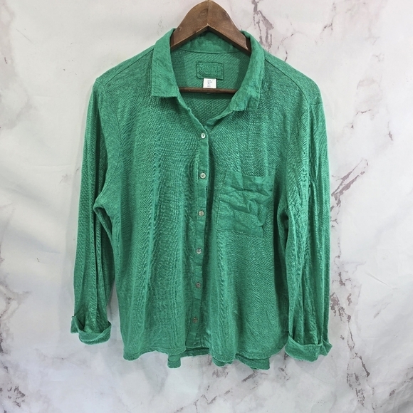 Sigrid Olsen Shirt Womens Large Green Button Up Tee Collared Kelly Lightweight T - Picture 1 of 14